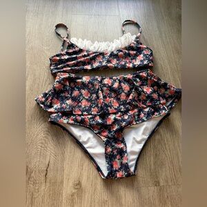 lolli swimwear blue & pink floral ruffle eyelet high waist bikini set small NEW